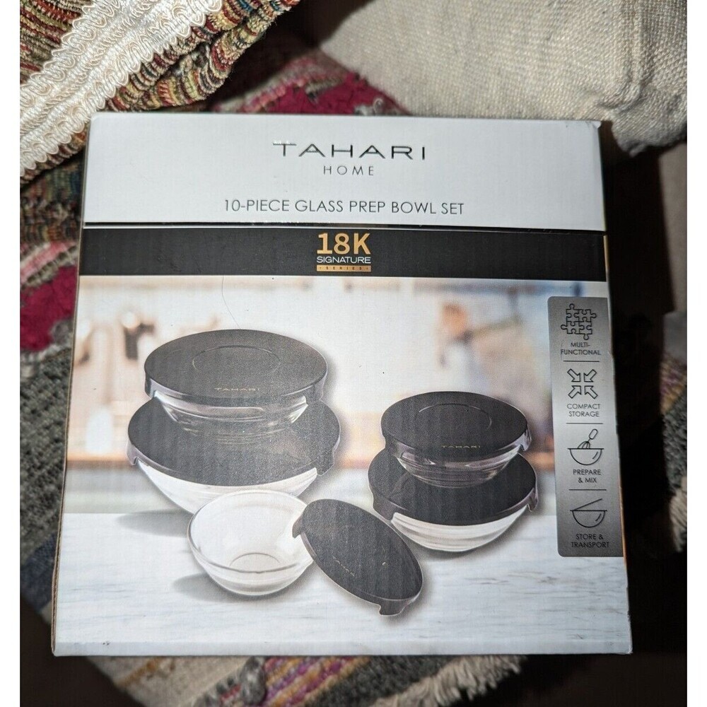 NIB Tahari Home 18K Set Of 5 Glass‎ Bowls With Black Lids